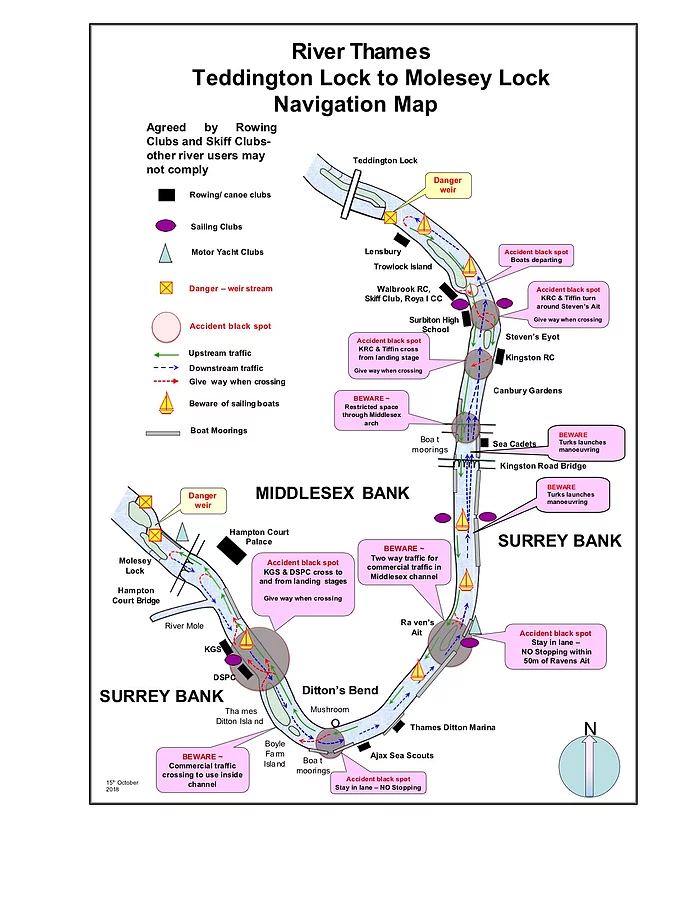 Navigation map of the River Thames between Teddington Lock and Molesey Lock