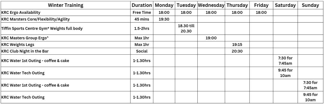 KRC Masters Winter Training Timetable